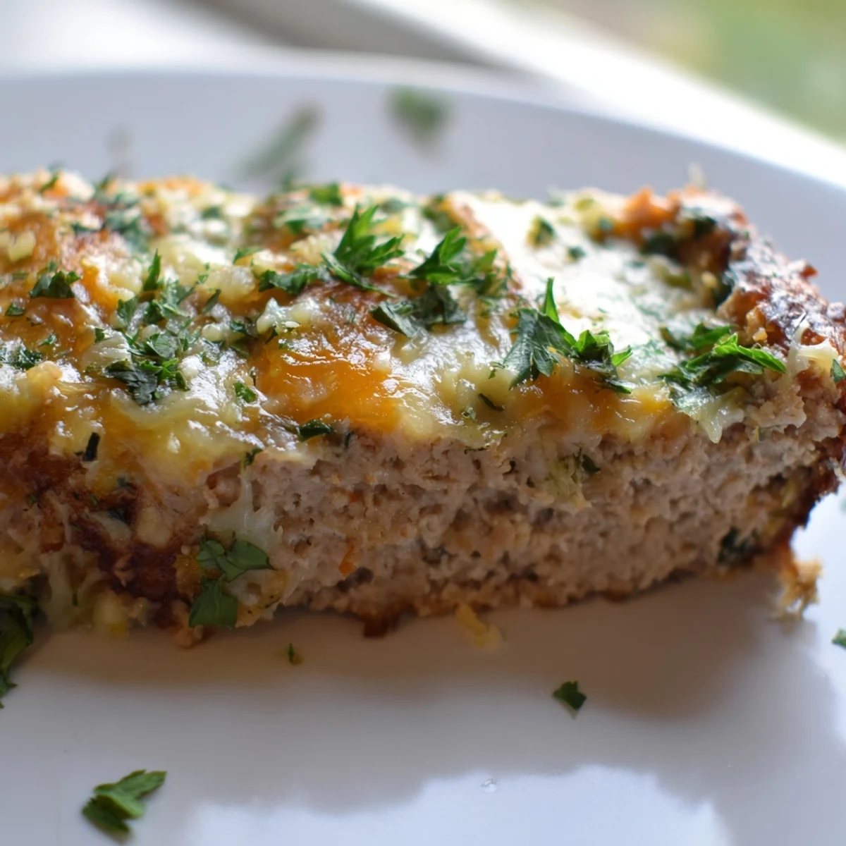 Moist chicken meatloaf with melted Parmesan crust served alongside creamy mashed potatoes on white dinner plate