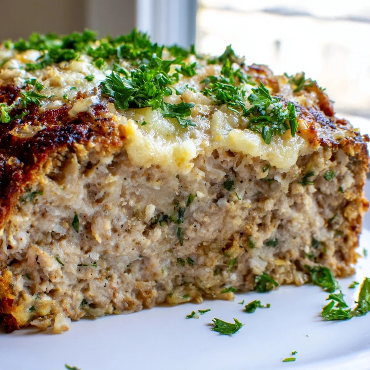 Savory homemade garlic Parmesan chicken meatloaf loaf fresh from oven with bubbling cheese topping and parsley