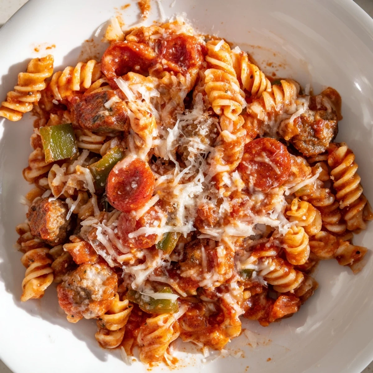 Slow cooker Crockpot Pizza Pasta bubbling with melted mozzarella and pepperoni slices