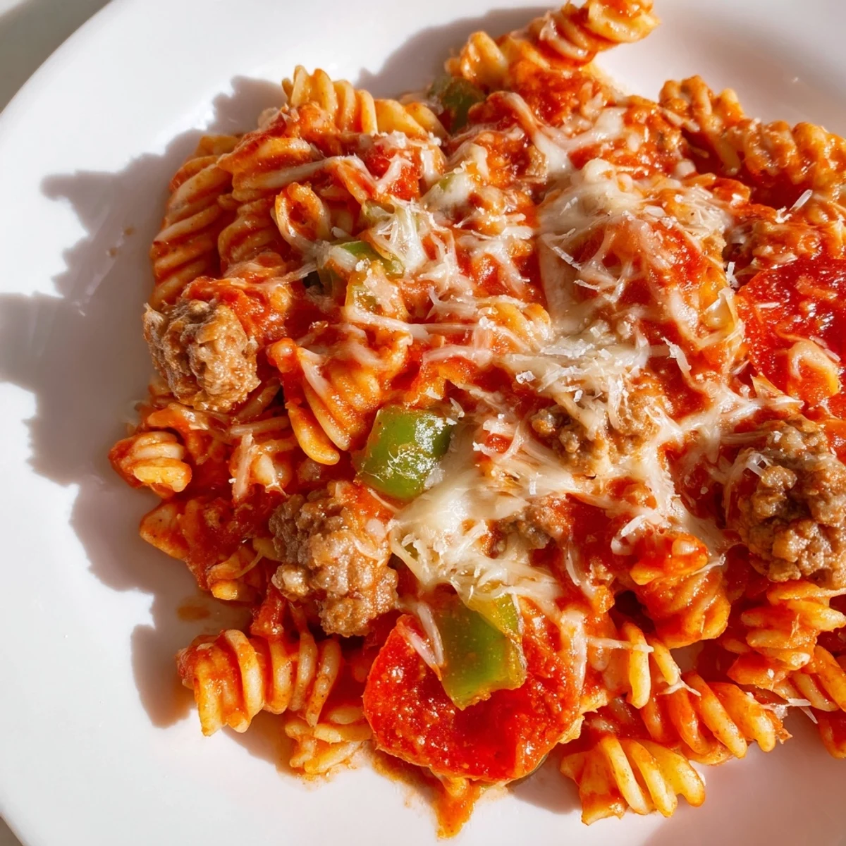 Hearty bowl of Crockpot Pizza Pasta topped with golden Italian sausage and parmesan