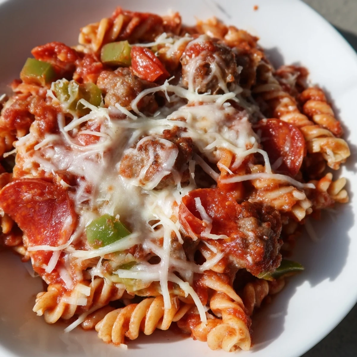Comforting Crockpot Pizza Pasta featuring rotini noodles in rich marinara with melted cheese