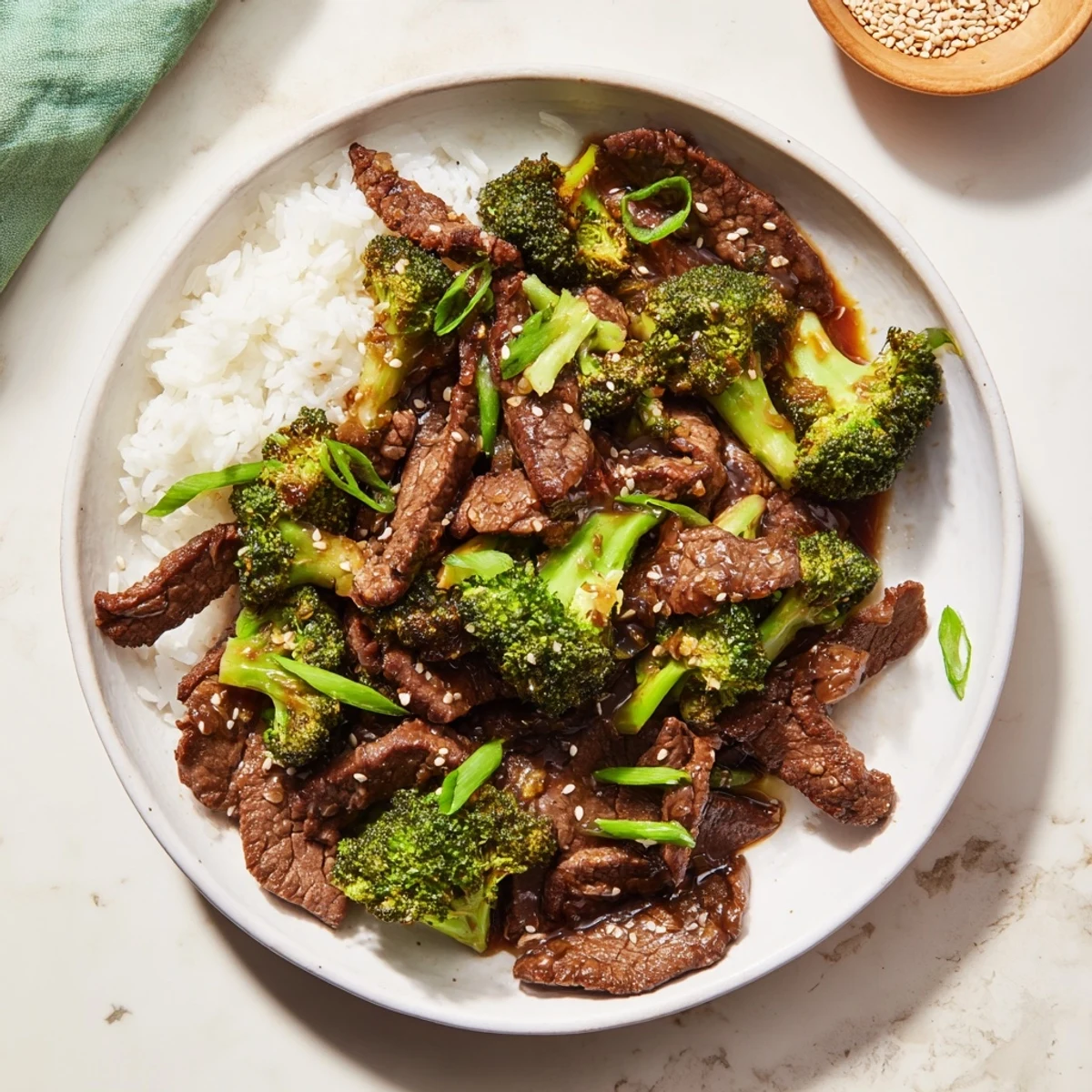 Crock pot beef and broccoli served over fluffy white rice and garnished with sliced green onions and sesame seeds
