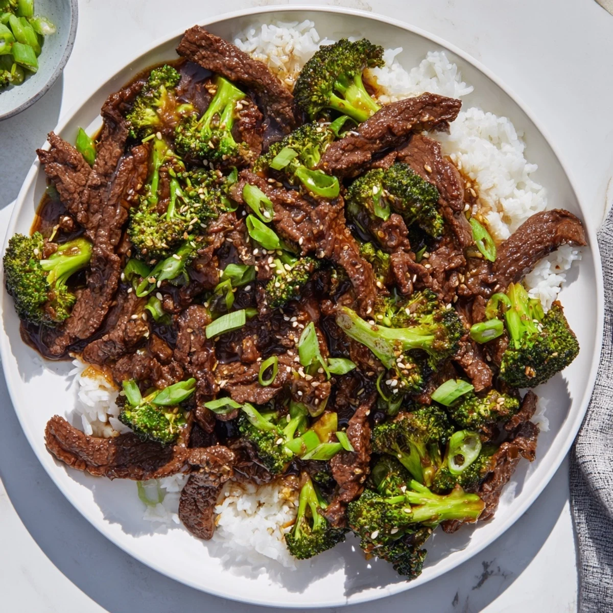 Slow cooker beef and broccoli with tender steak pieces and bright green florets in rich brown garlic-soy sauce