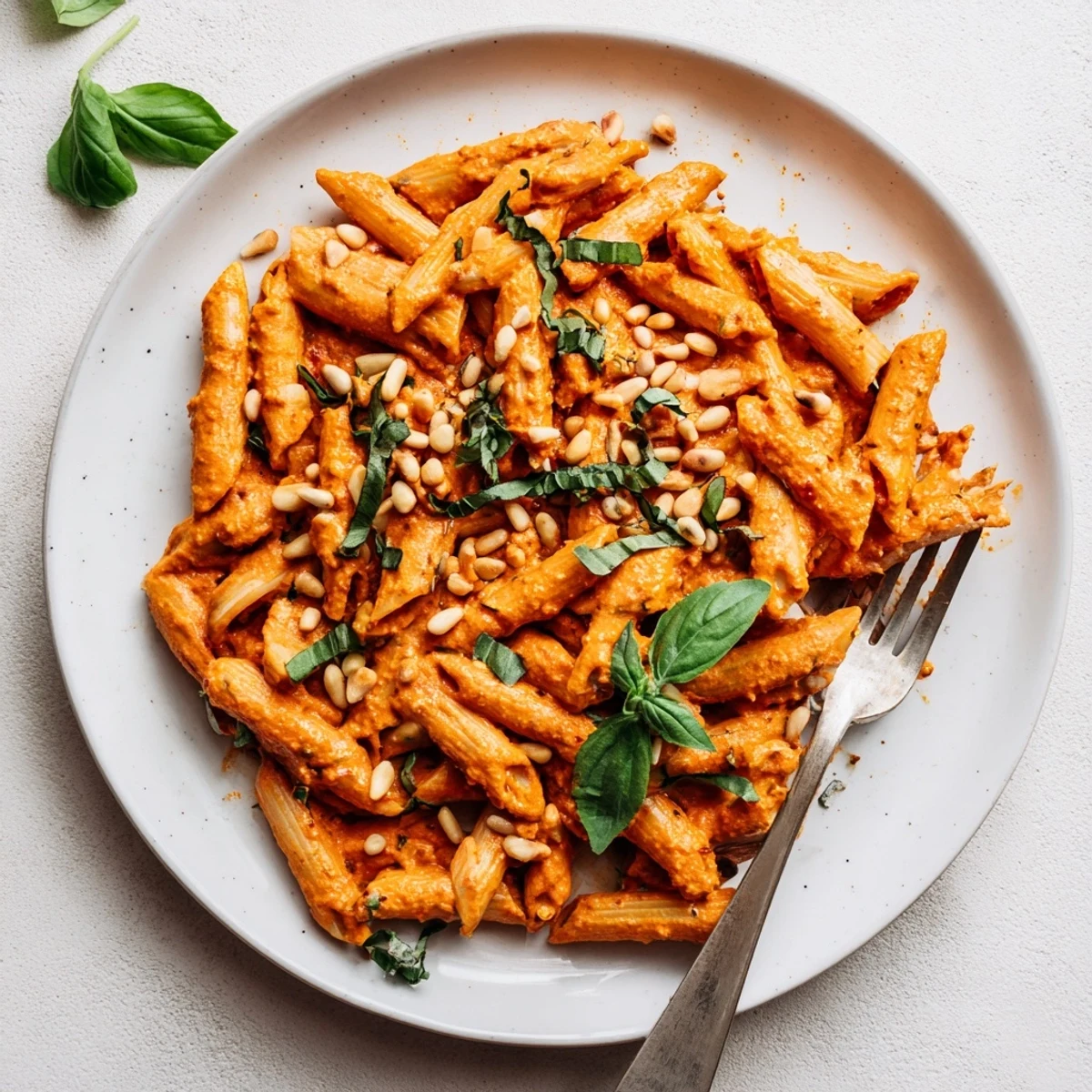 Bowl of plant-based penne coated in luscious red tomato cream sauce topped with herbs