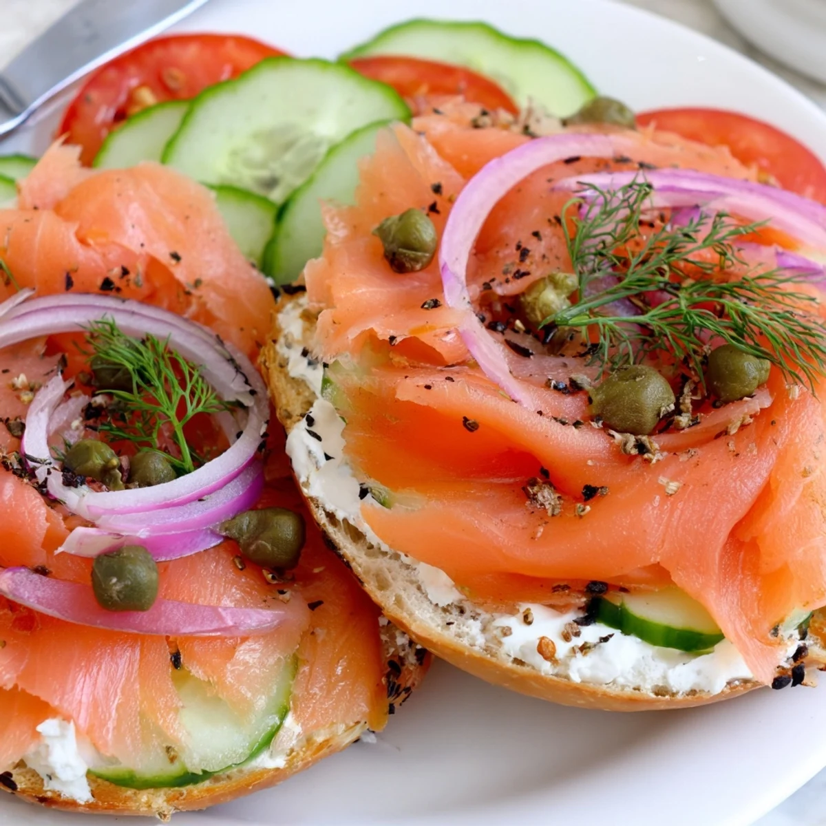 Open-faced smoked salmon bagel sandwich with crisp red onion and fresh dill garnish