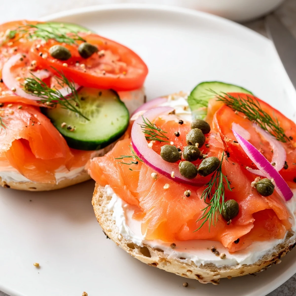 Layered breakfast sandwich featuring smoked salmon on toasted bagel with tomato slices