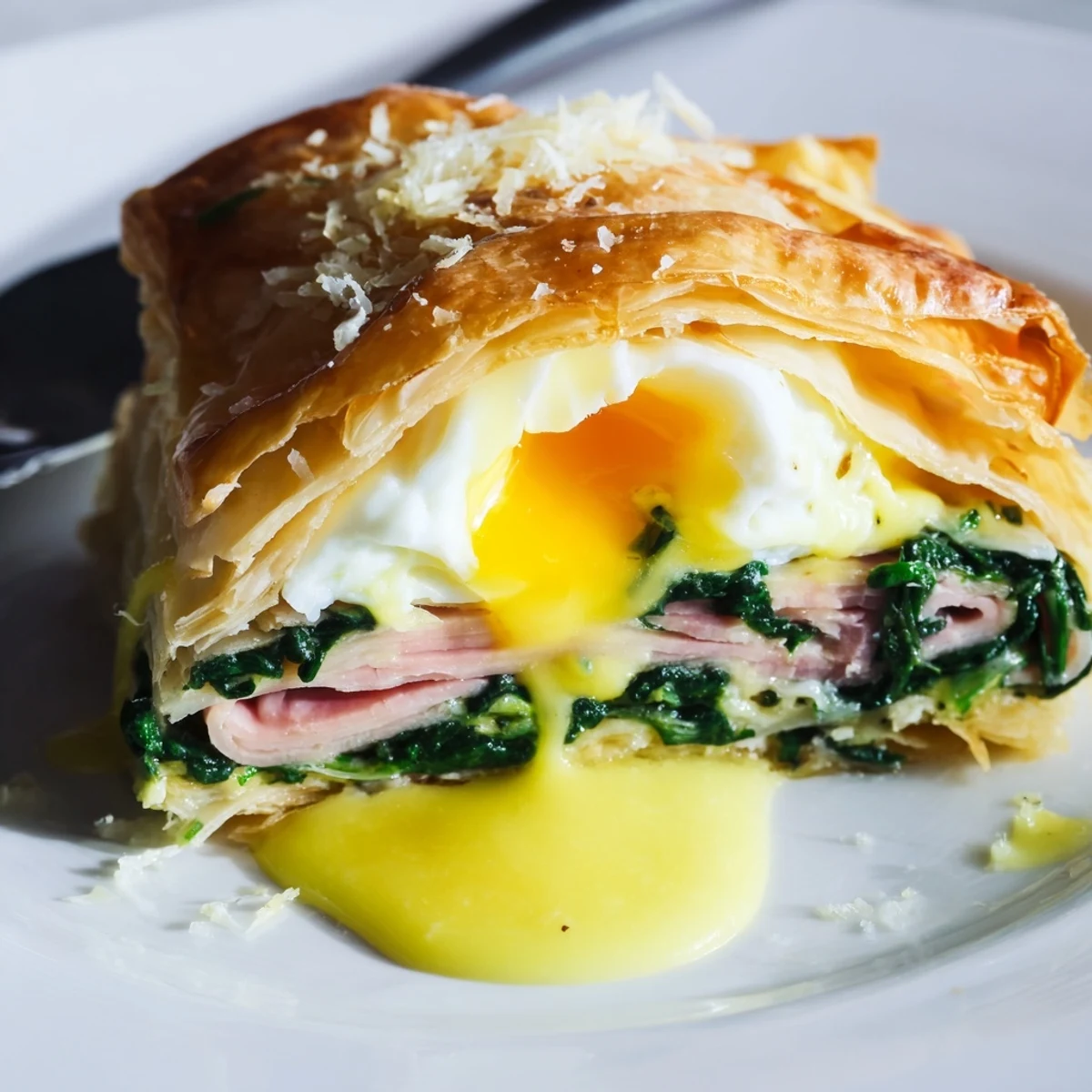 Golden baked Eggs Napoleon with layered puff pastry, spinach, ham, and creamy hollandaise sauce drizzled on top