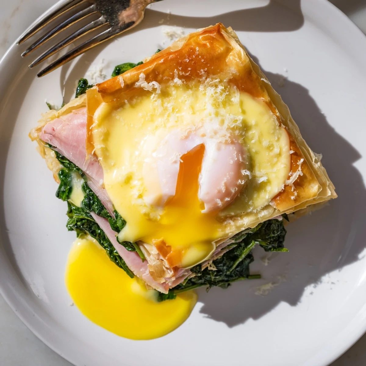 Flaky puff pastry stacks filled with savory spinach, smoked ham, and baked eggs topped with rich hollandaise