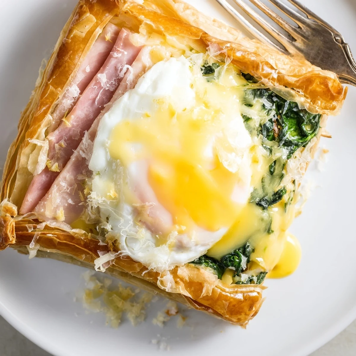 Elegant brunch dish featuring baked Eggs Napoleon on crisp pastry with ham, spinach, and velvety hollandaise