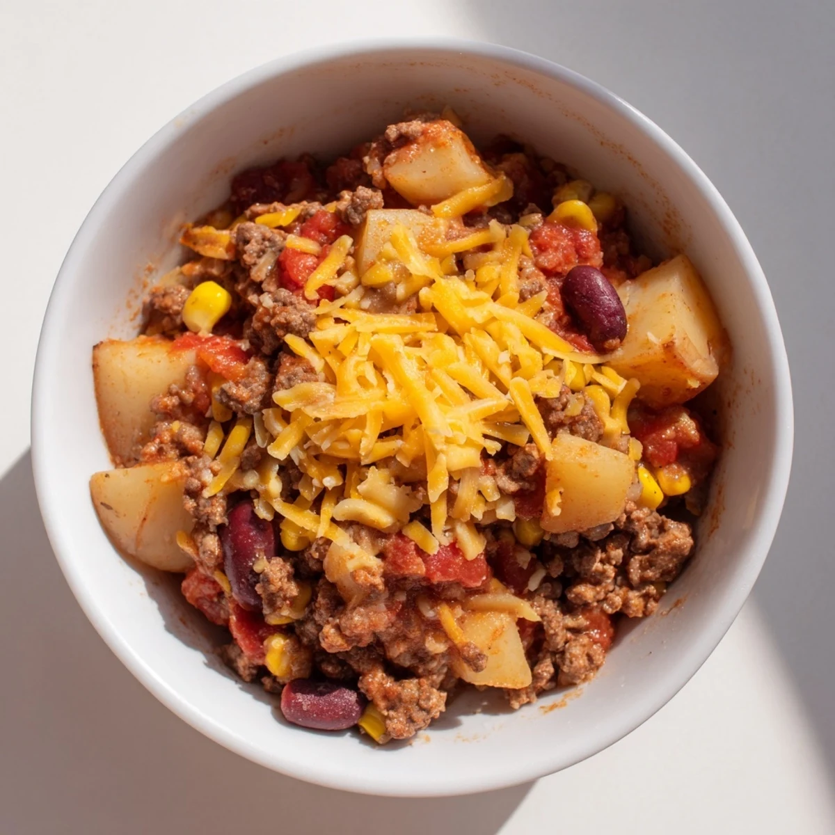 Hearty cowboy casserole with ground beef, beans, corn, and potatoes slow-cooked to bubbling perfection