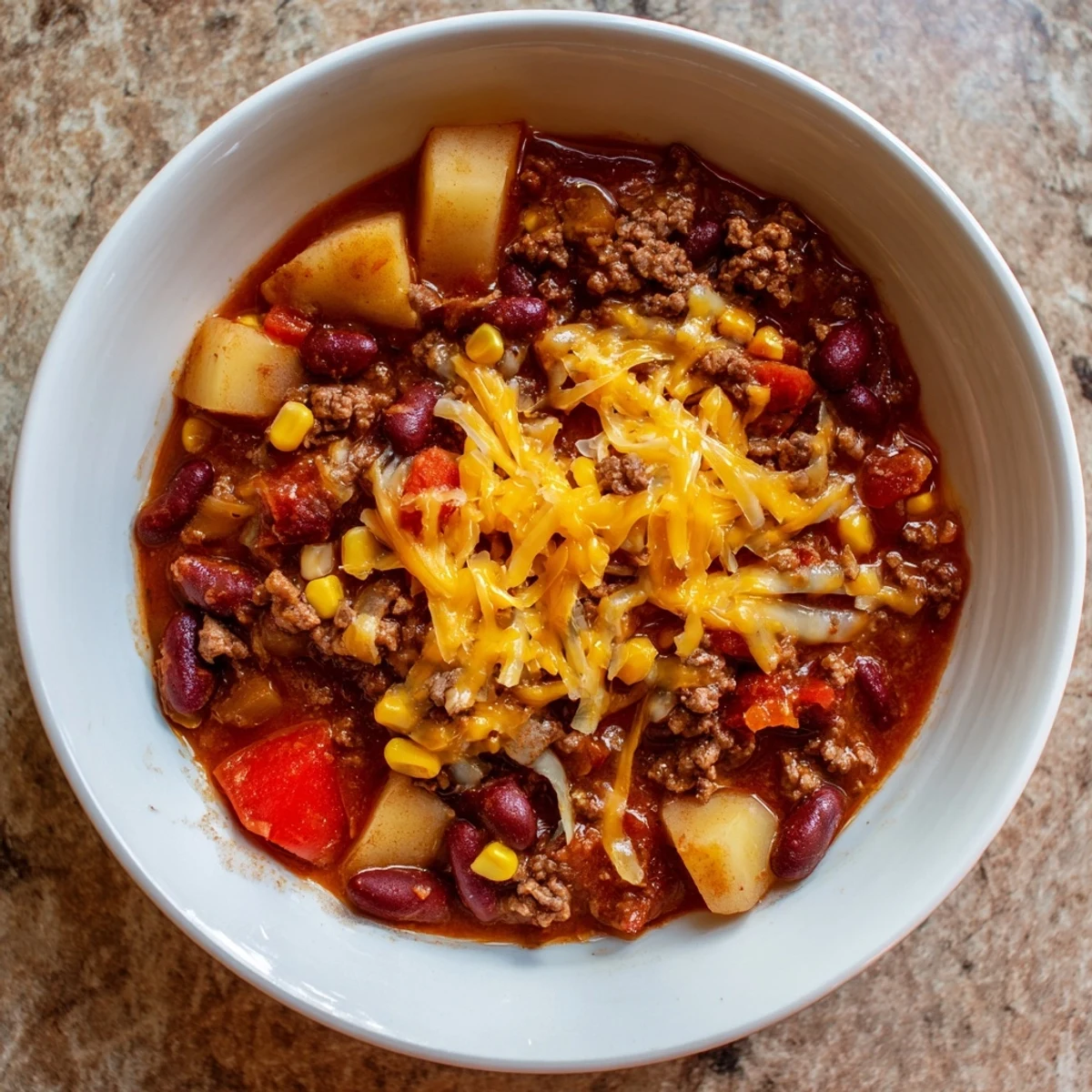 Slow cooker cowboy casserole featuring melted cheddar over tender ground beef and vegetables in rich tomato sauce