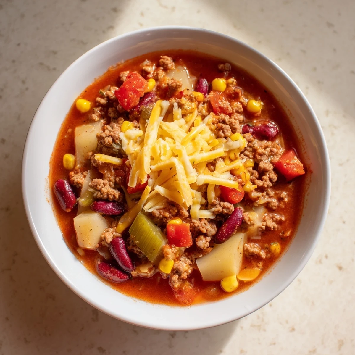 Comforting cowboy casserole served hot with golden melted cheese topping a hearty beef and bean mixture