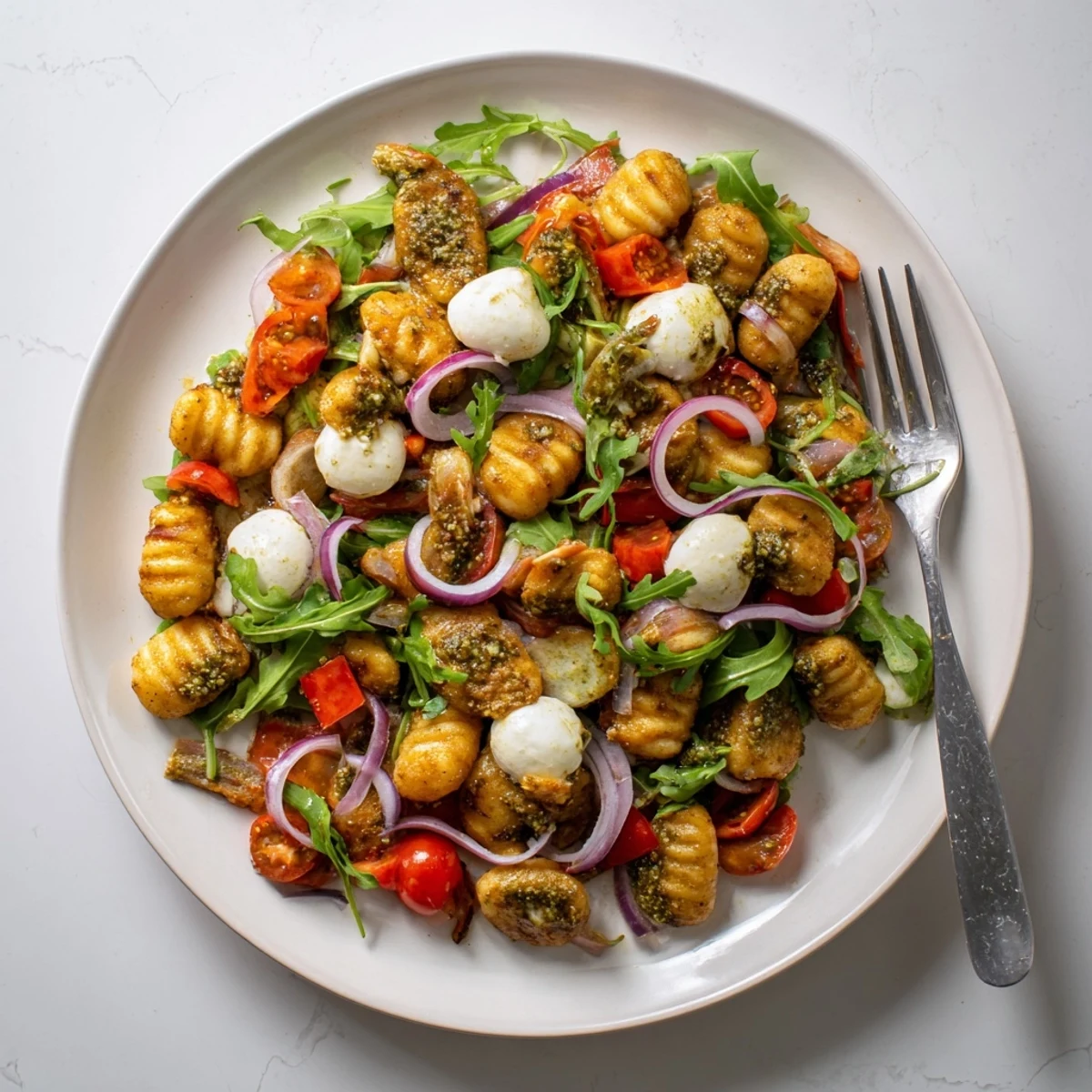 Golden roasted gnocchi salad with cherry tomatoes, fresh mozzarella, and zesty basil pesto
