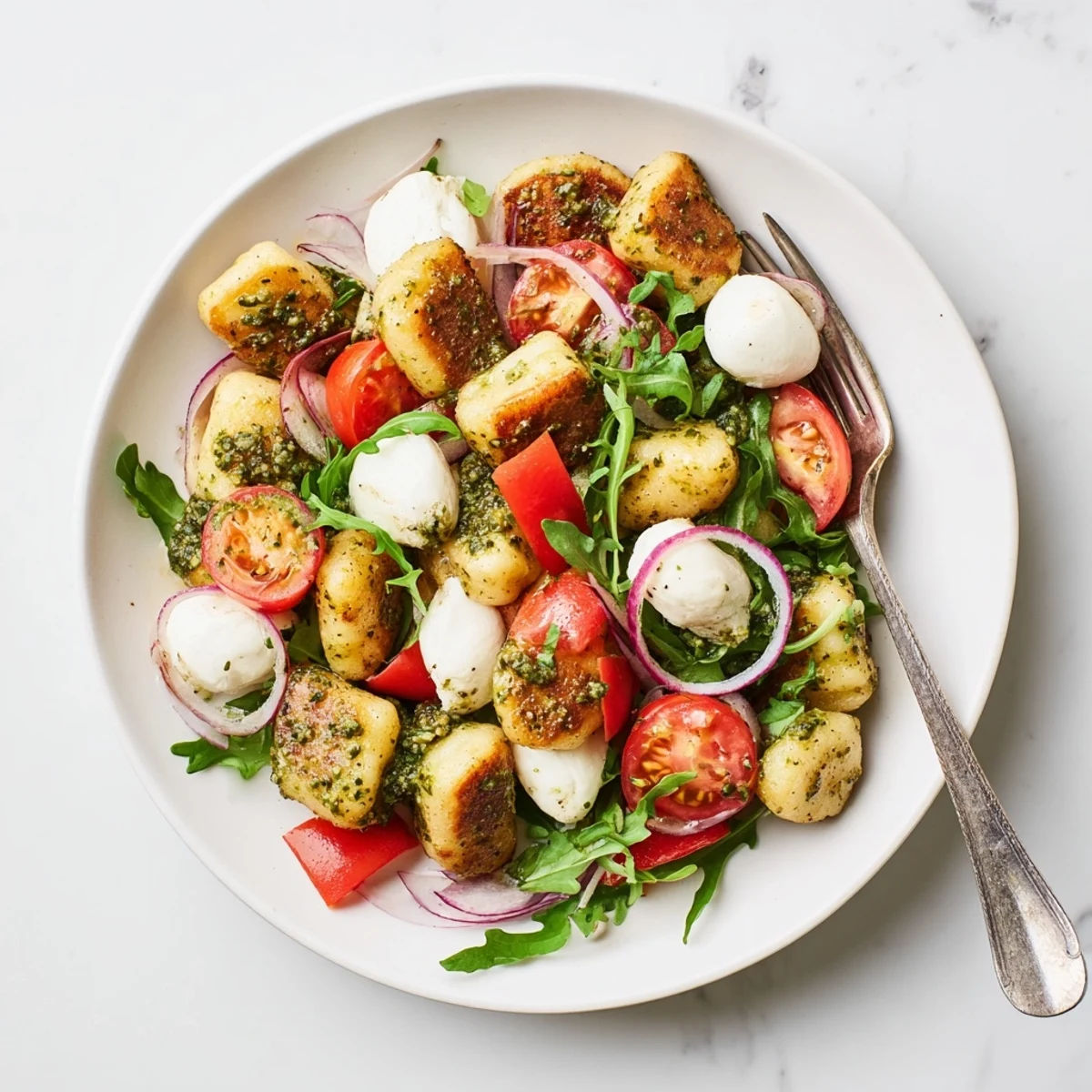 Italian-style roasted gnocchi salad featuring arugula, pesto dressing, and melted mozzarella cheese