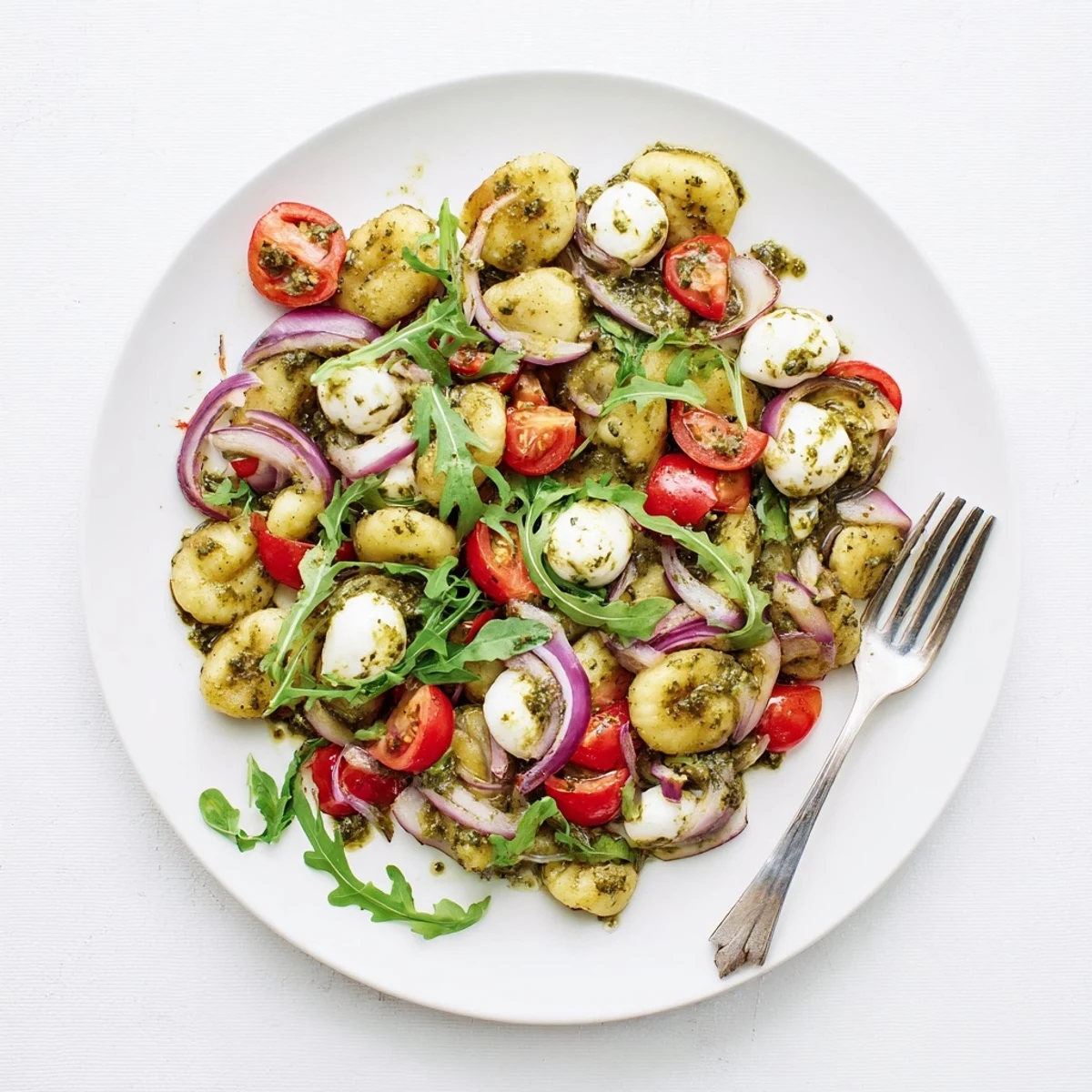 Colorful warm bowl of crispy roasted gnocchi tossed with vegetables and creamy mozzarella