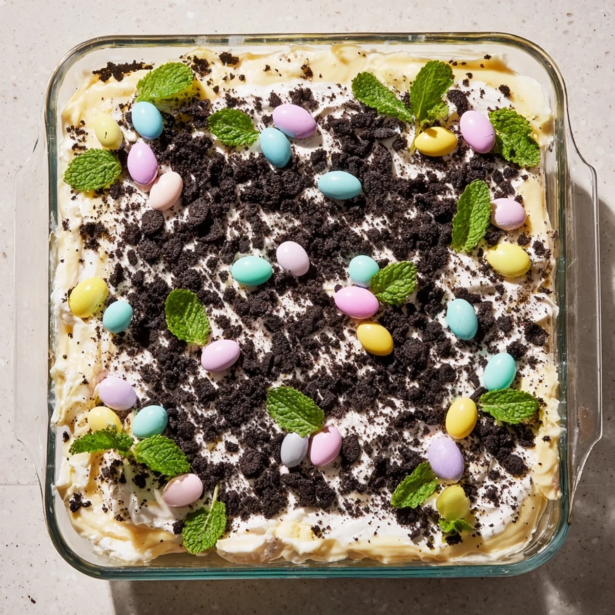 Easter dirt cake casserole with layers of creamy pudding and crushed chocolate cookies topped with colorful pastel candies