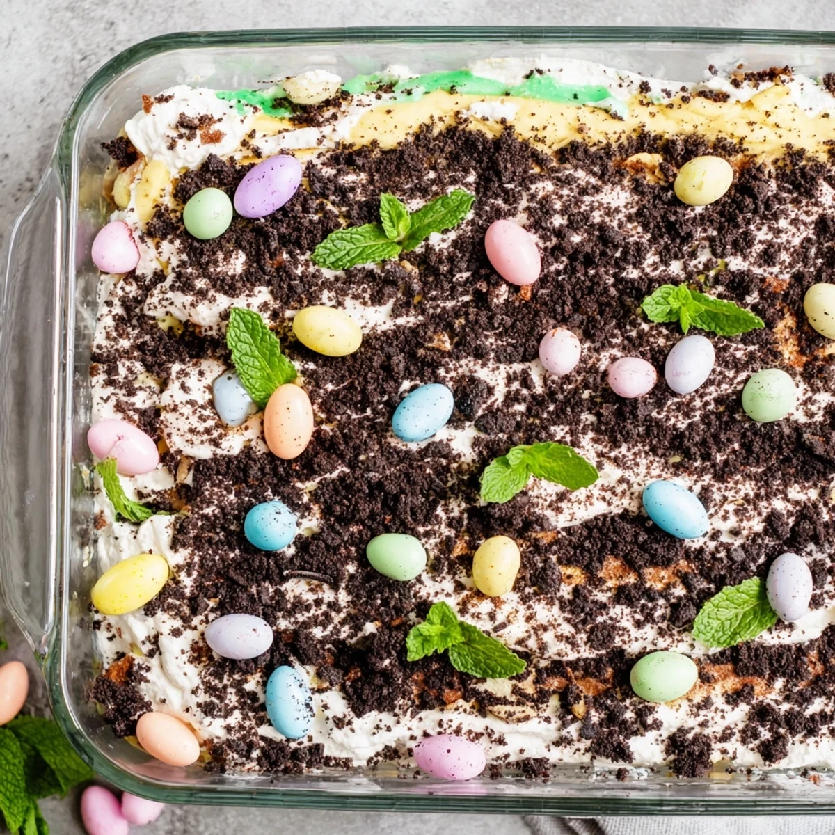 Creamy Easter dirt cake in a casserole dish decorated with pastel candy eggs and chocolate cookie crumbs