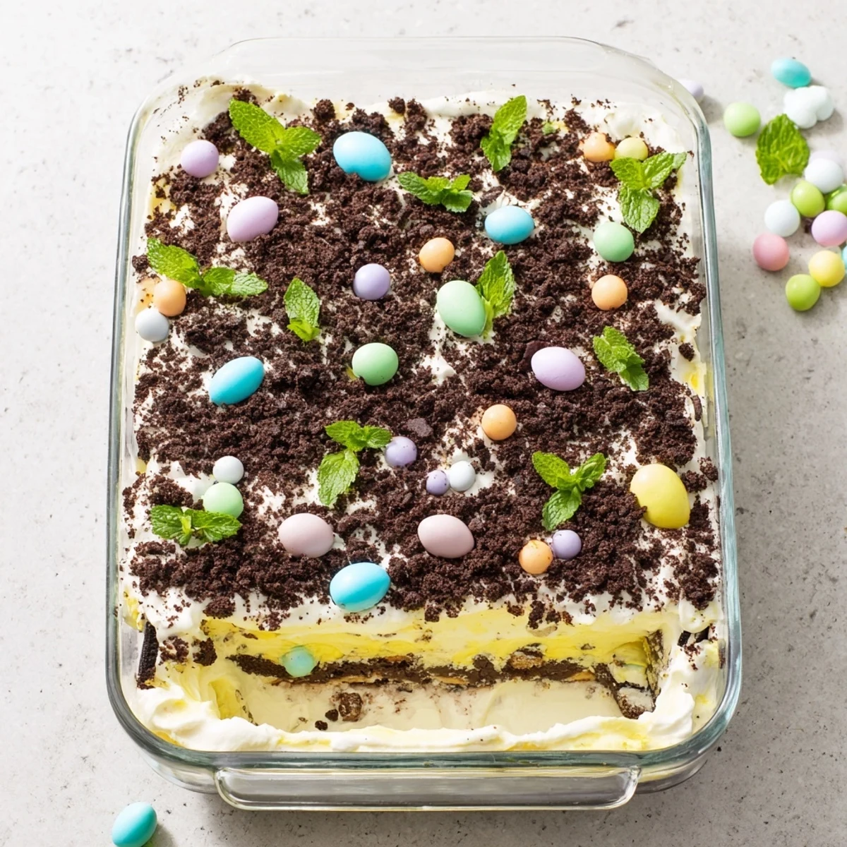 Spring dessert casserole featuring crushed cookie "dirt" with vanilla cream layers and scattered Easter egg chocolates