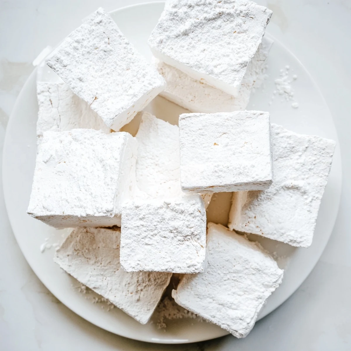 Soft white homemade marshmallow recipe squares dusted with powdered sugar on a wooden board