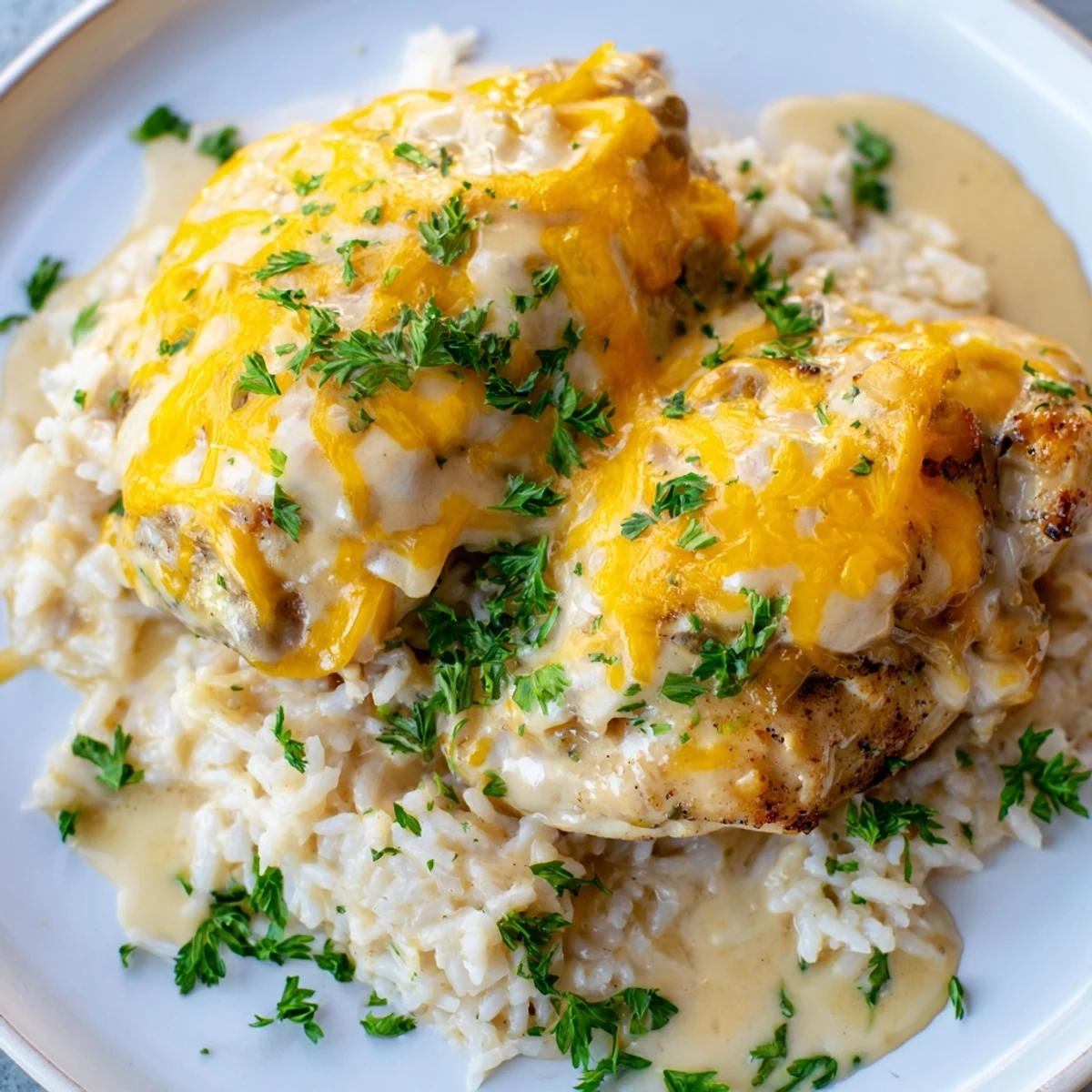 One-pan smothered chicken and rice bubbling in creamy sauce with tender chicken pieces