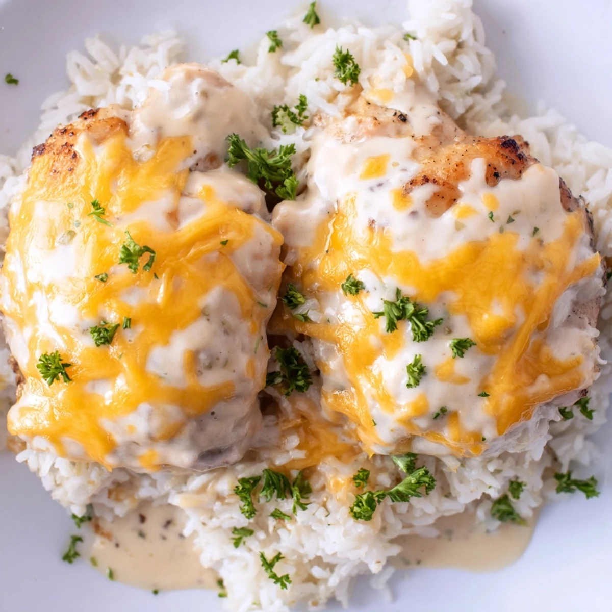 Golden chicken breasts nestled in cheesy rice with melted cheddar and fresh parsley garnish