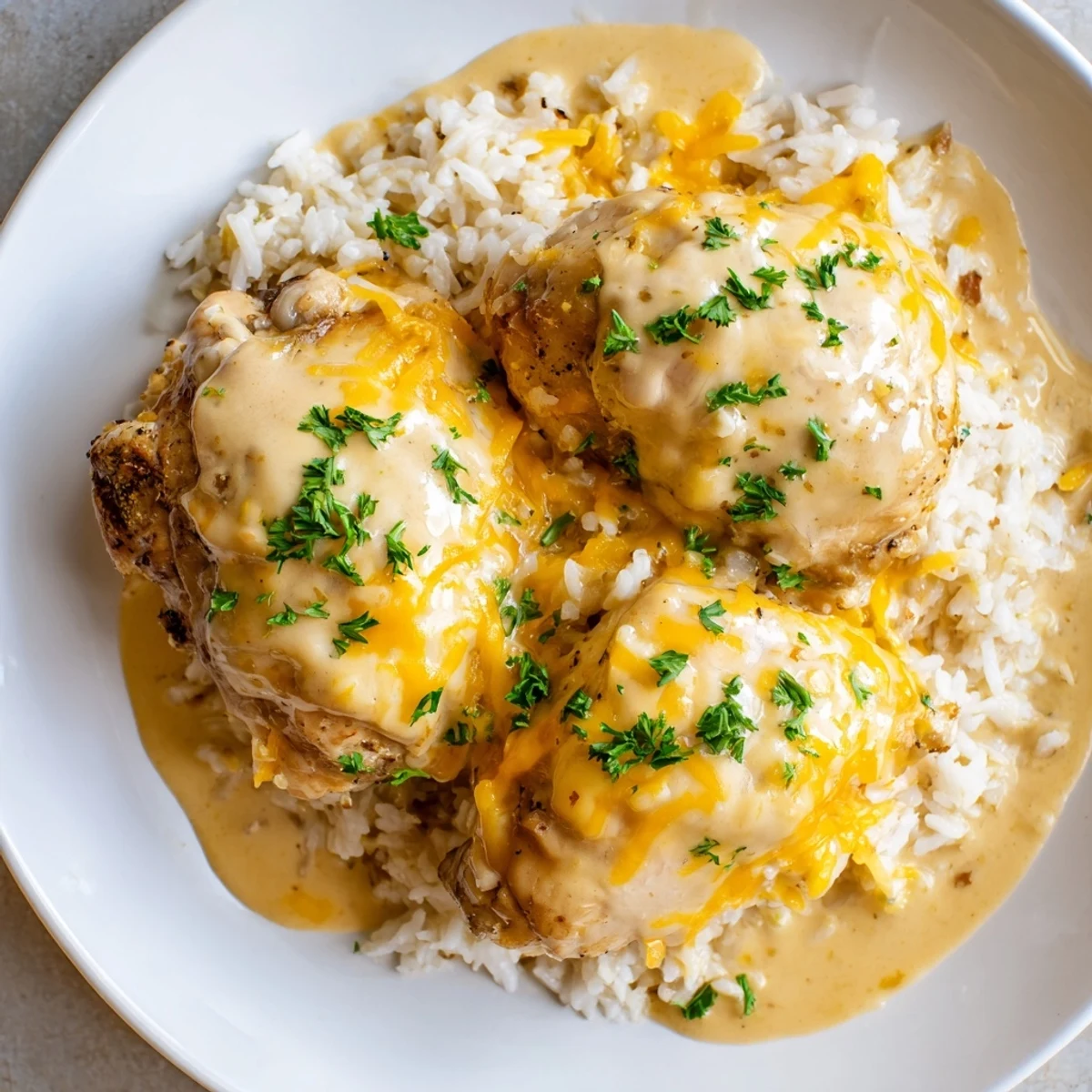 Comforting creamy smothered chicken and rice dish featuring perfectly cooked grains in rich sauce