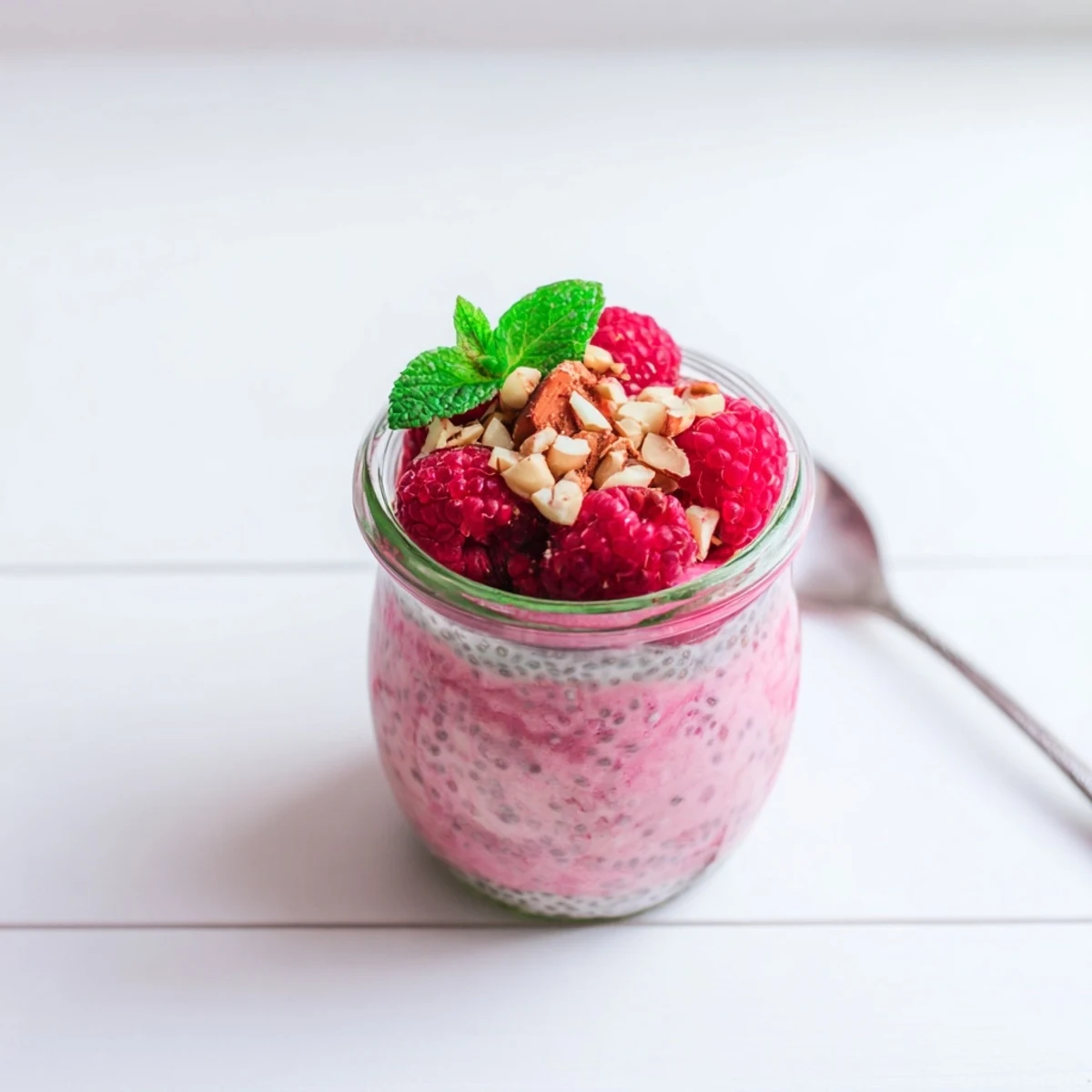 Creamy raspberry chia pudding topped with fresh berries and mint in glass jars