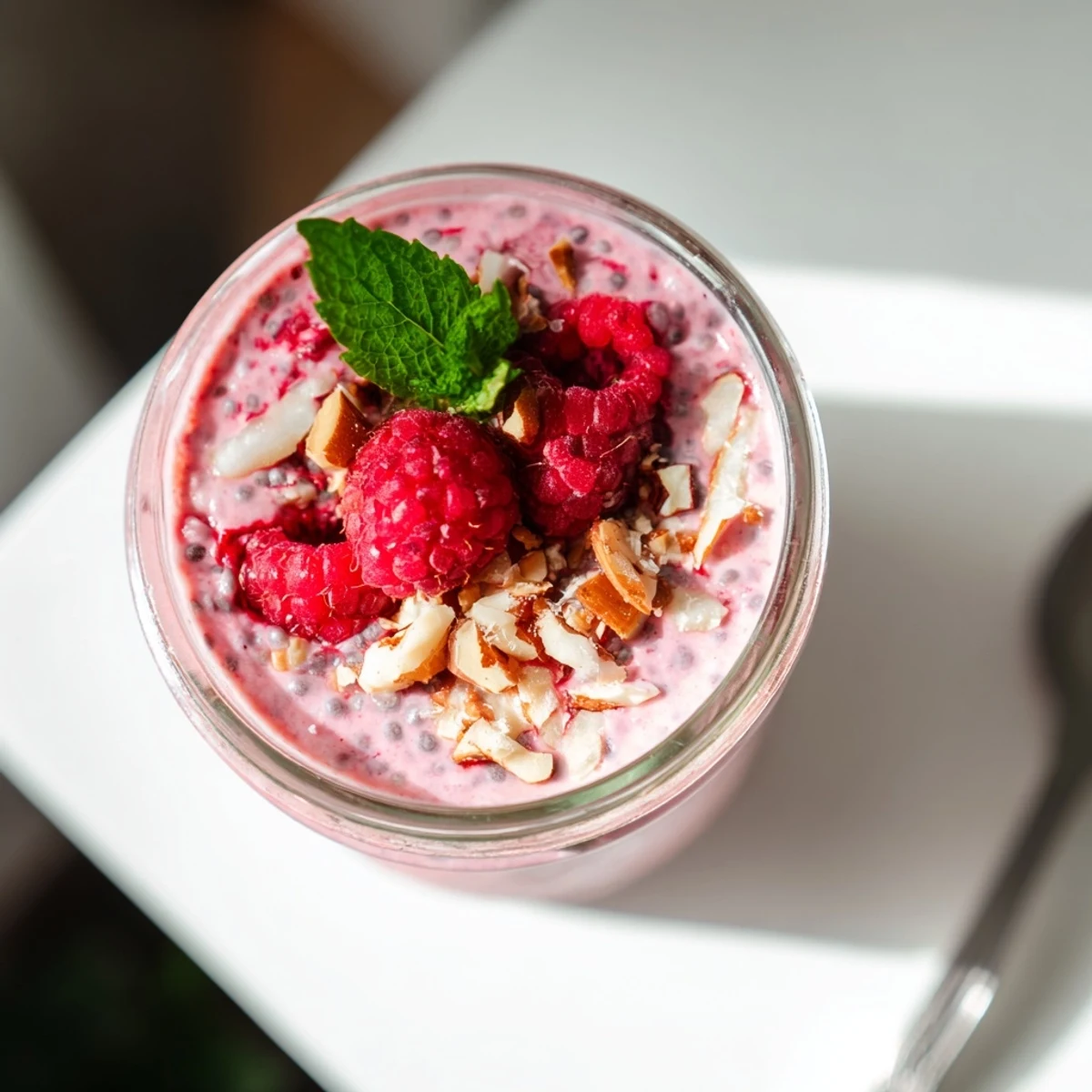 Thick dairy-free raspberry chia pudding garnished with whole berries and chopped nuts