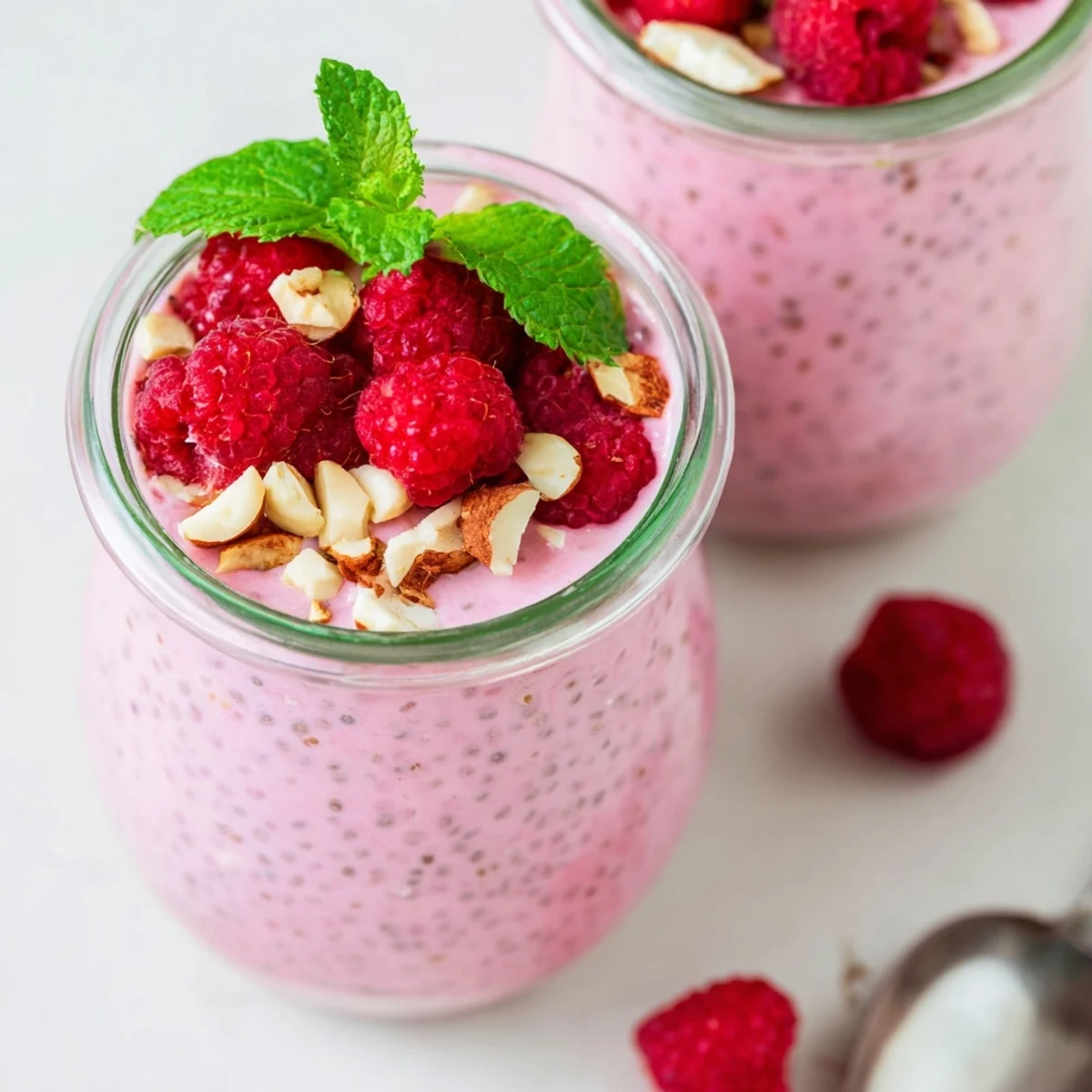 Vibrant pink raspberry chia pudding layered with granola and fresh raspberries for breakfast