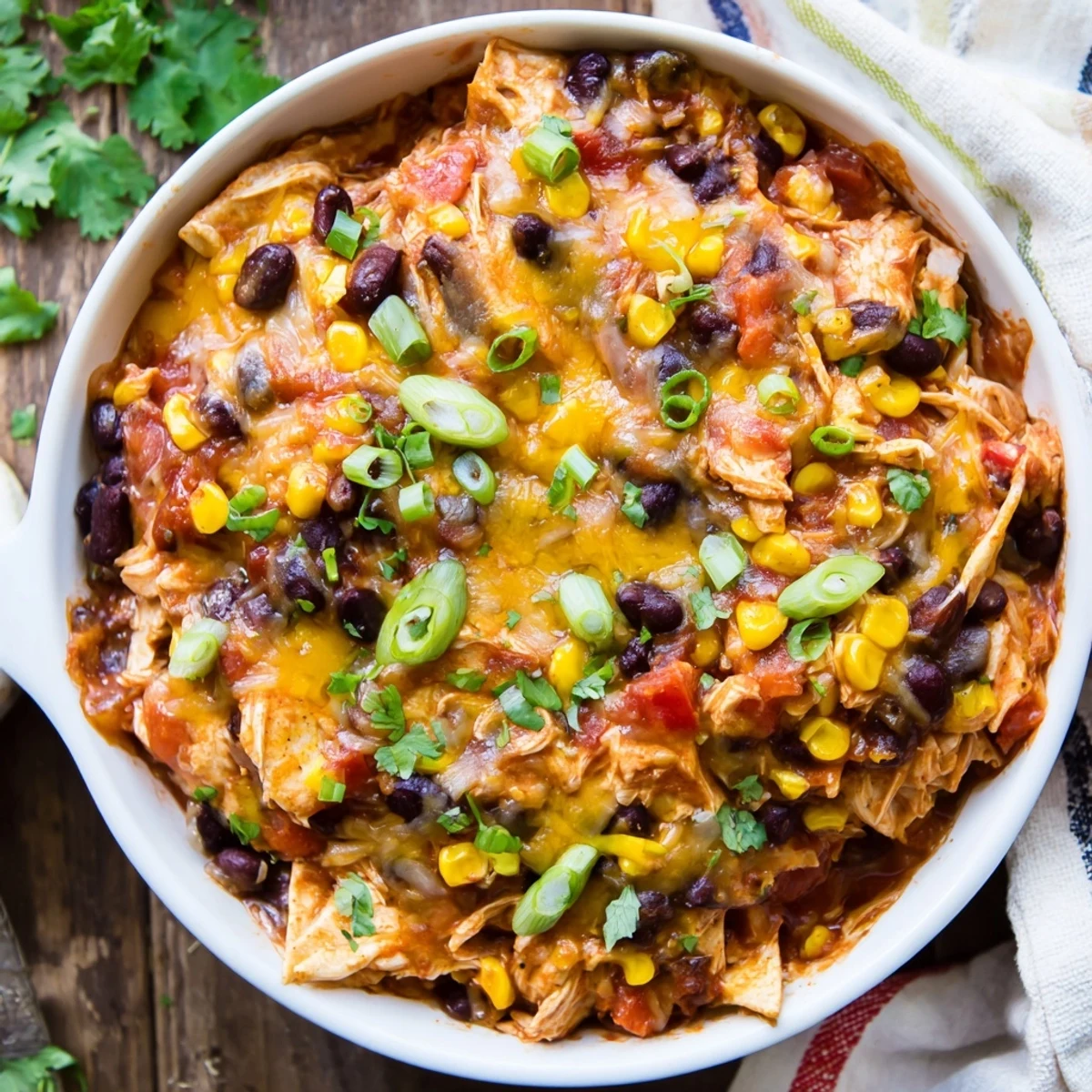 Spoonful of cheesy Crockpot Chicken Enchilada Casserole topped with fresh cilantro and sour cream