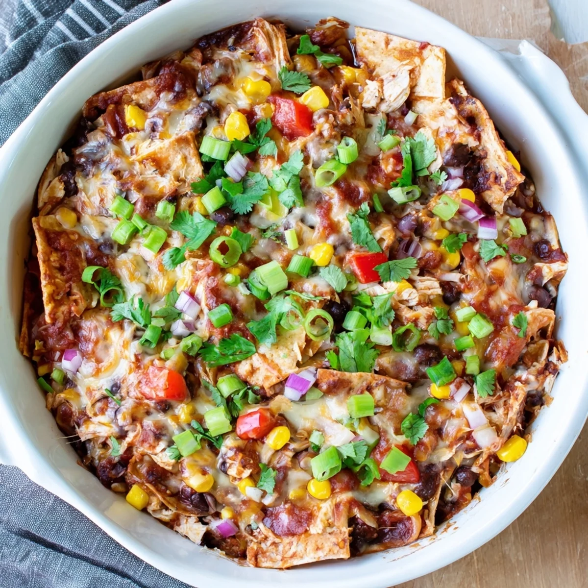 Golden layers of slow-cooked Crockpot Chicken Enchilada Casserole with melted cheese and colorful vegetables