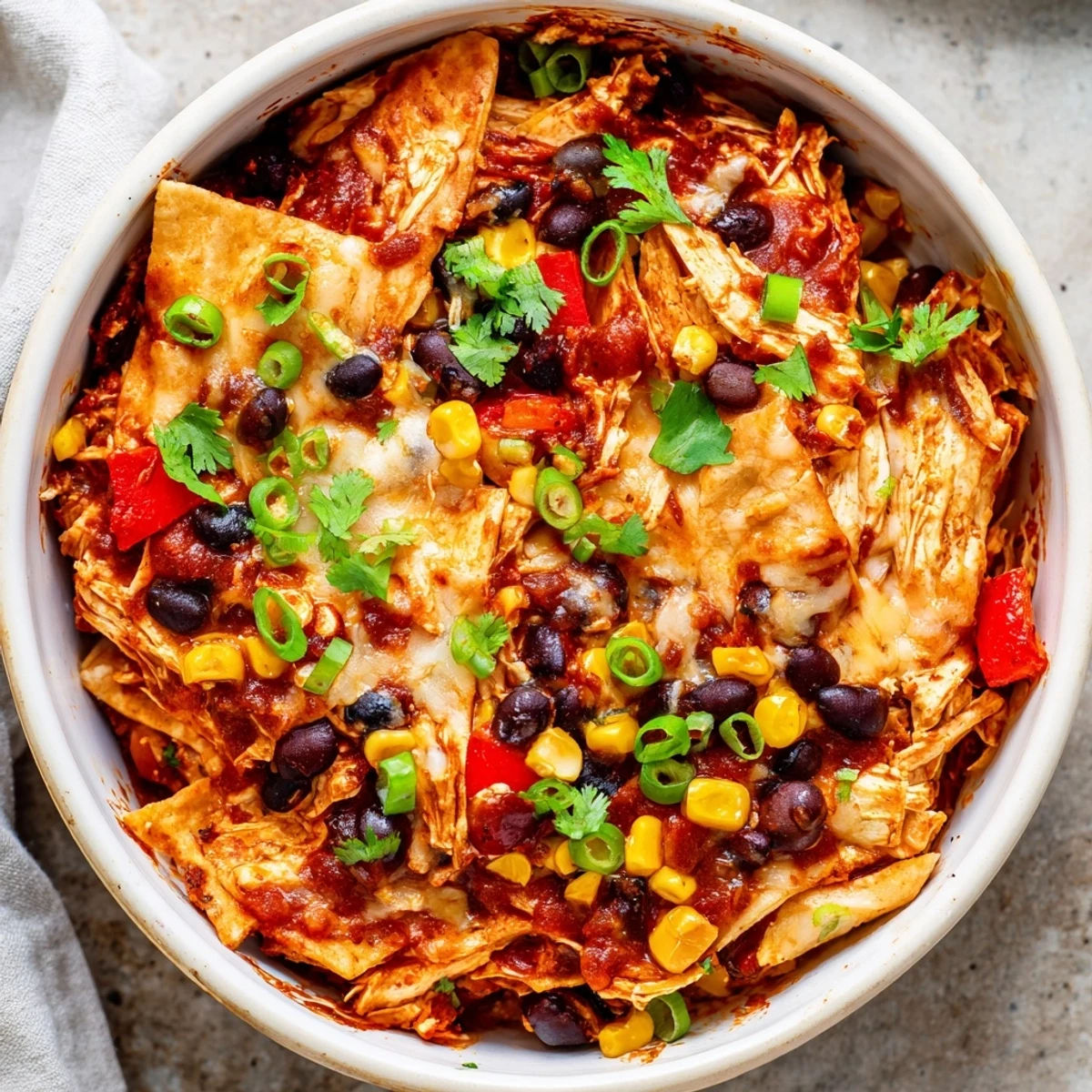 Hearty Tex-Mex style Crockpot Chicken Enchilada Casserole featuring tender shredded chicken and gooey cheese