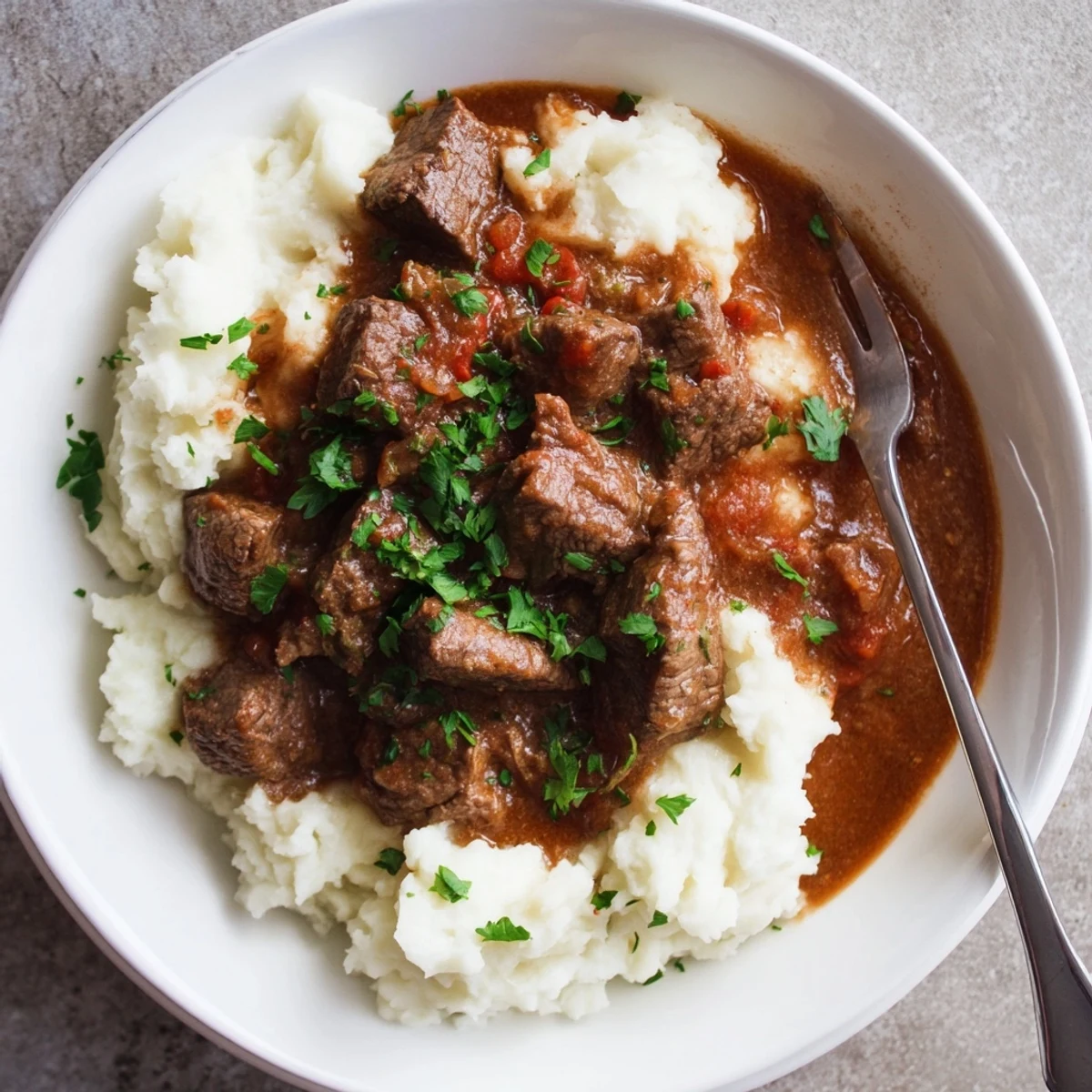 Slow cooker beef tips and gravy served over creamy mashed potatoes with fresh parsley garnish