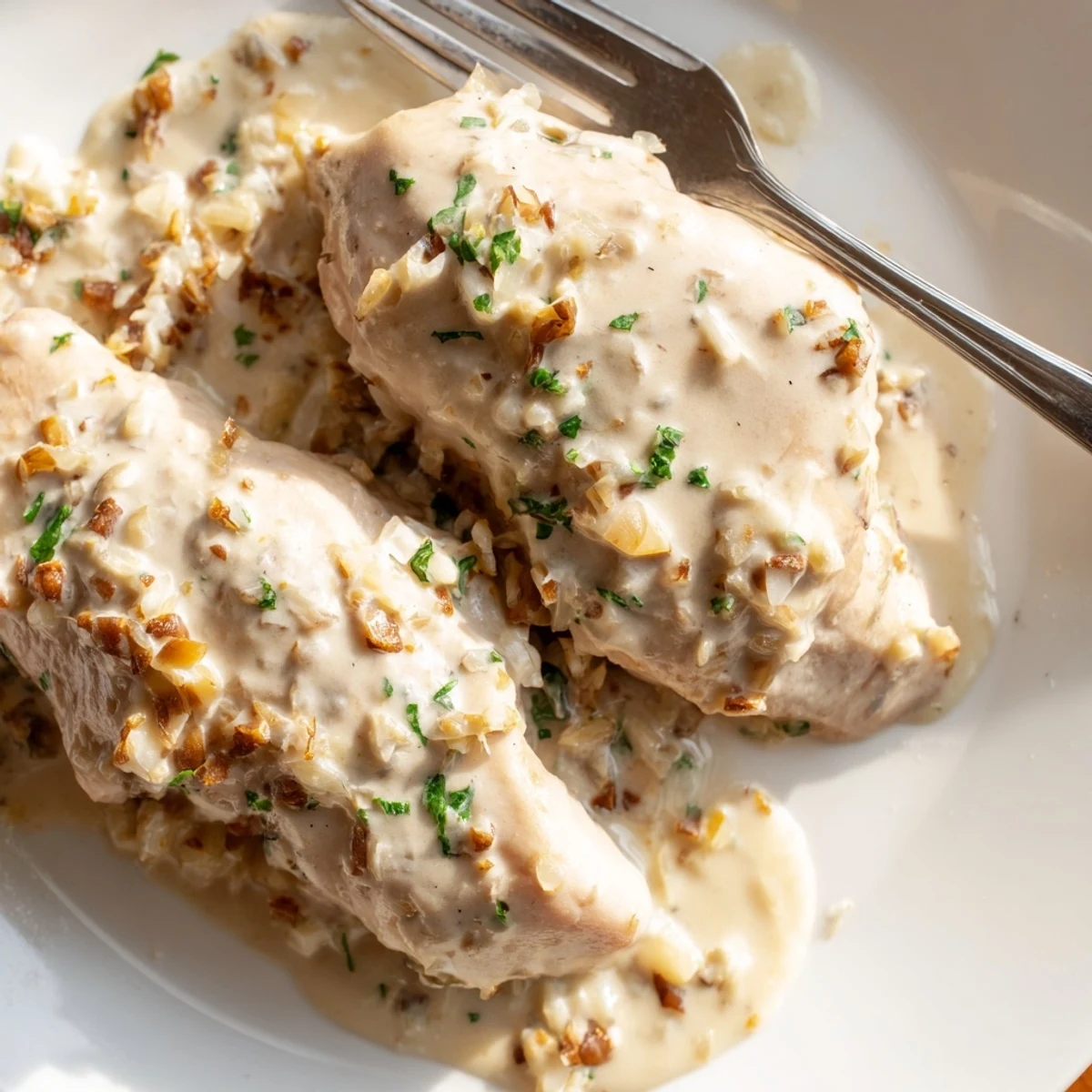 Golden brown chicken thighs swimming in a rich, velvety white gravy after slow cooking.
