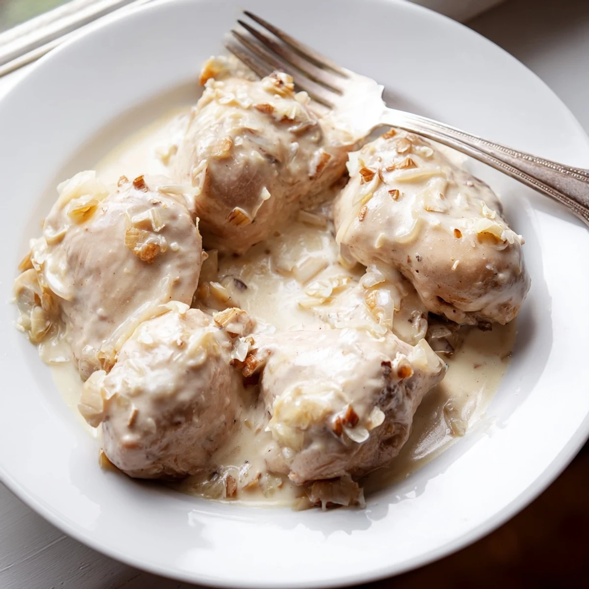 Tender easy crockpot chicken thighs draped in creamy sauce ready for serving over mashed potatoes.