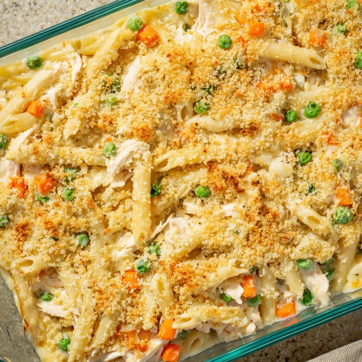 Creamy chicken pot pie pasta casserole with peas and carrots bubbling hot