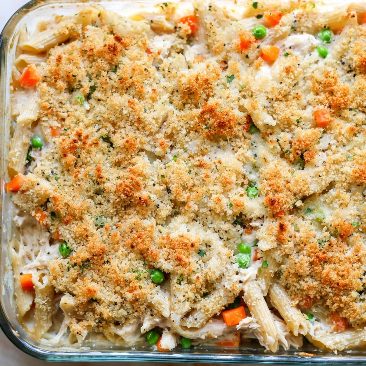 Golden baked chicken pot pie pasta with crispy parmesan panko topping