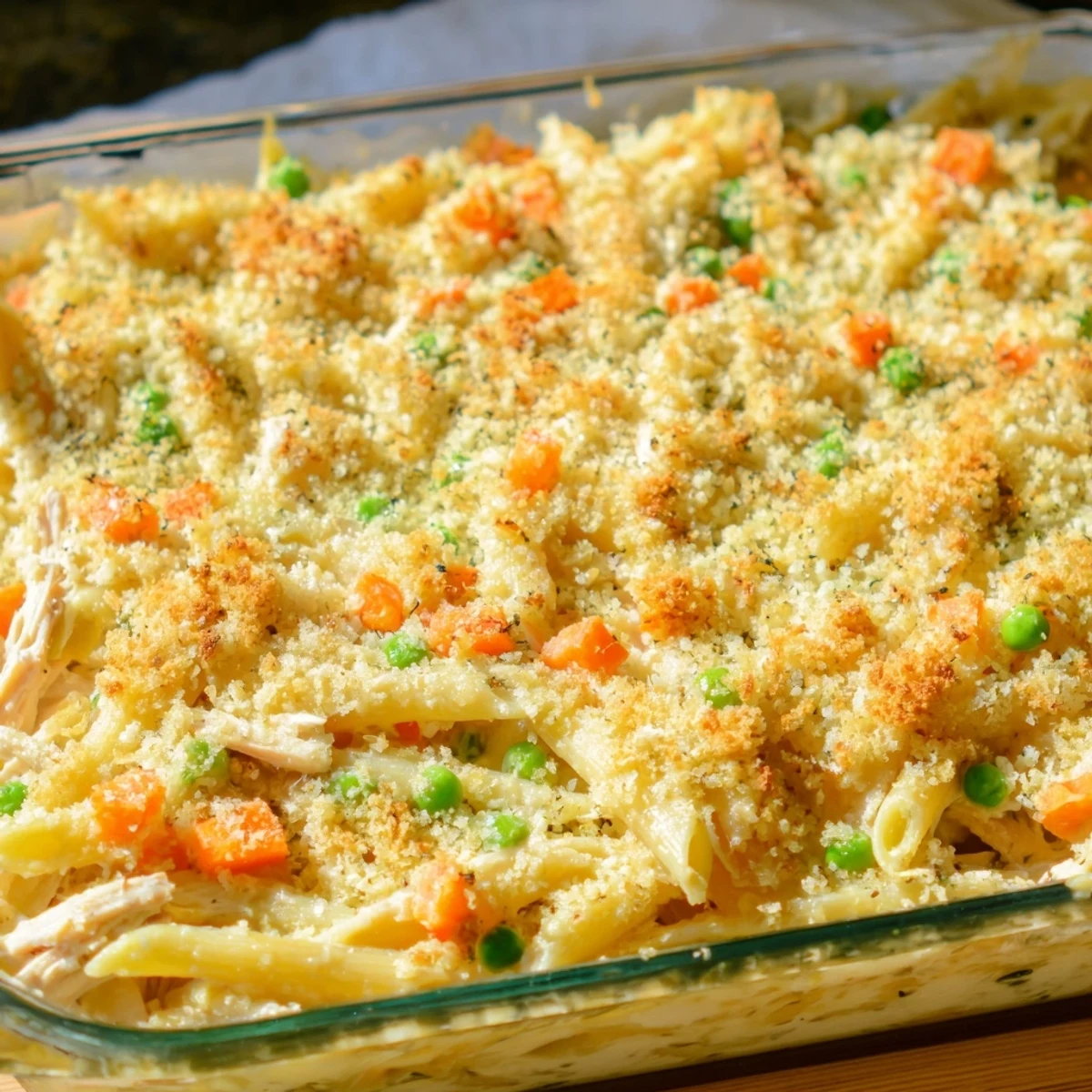 Hearty chicken pot pie pasta in white sauce with golden breadcrumb crust