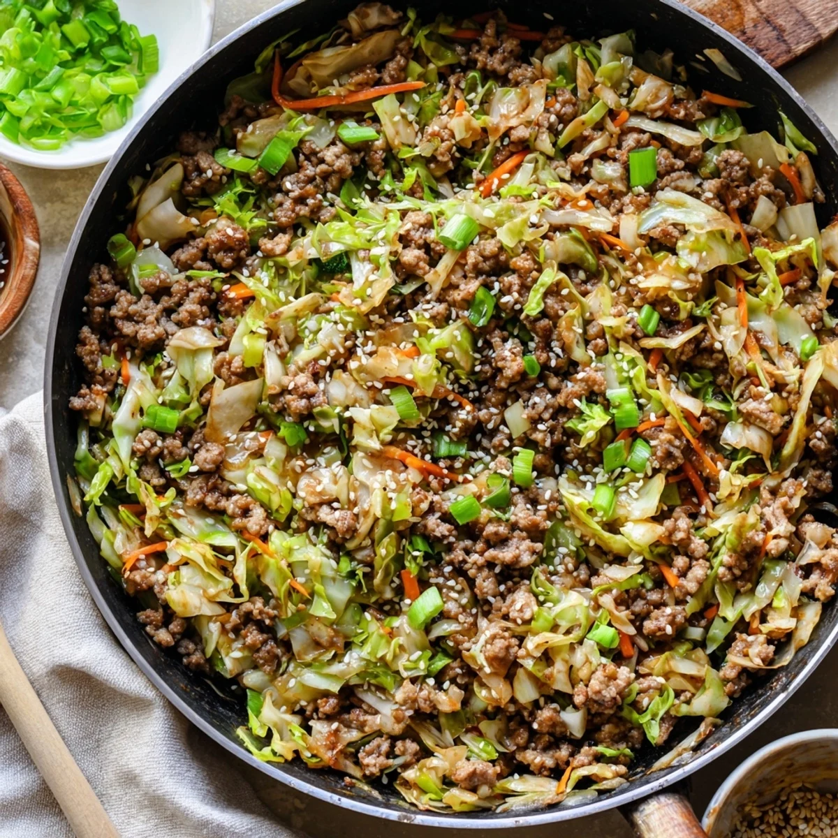 Savory egg roll in a bowl skillet with crispy cabbage carrots ground pork and sesame garnish