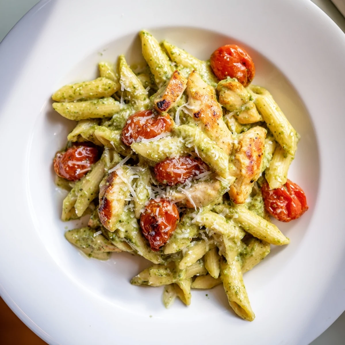 Steaming bowl of creamy pesto chicken pasta featuring al dente noodles coated in rich parmesan sauce
