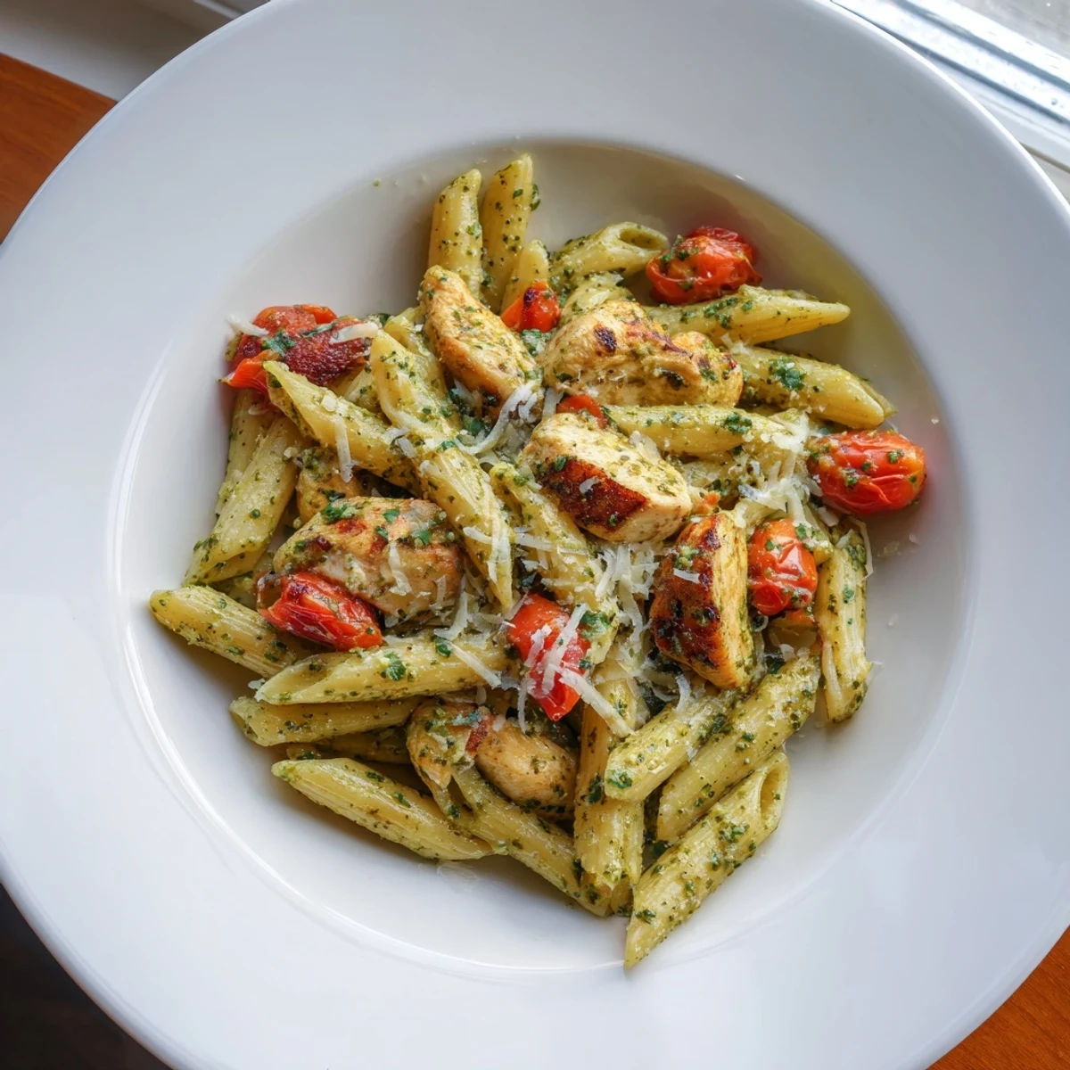 Close-up of tender chicken and penne pasta swimming in luxurious homemade basil pesto cream sauce