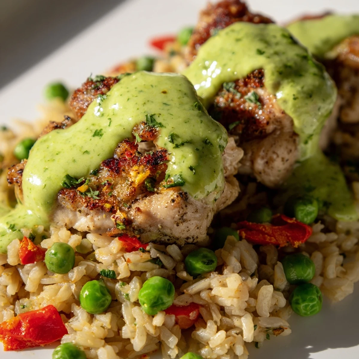 Golden Peruvian chicken rice topped with vibrant green sauce and fresh lime wedges on a white plate
