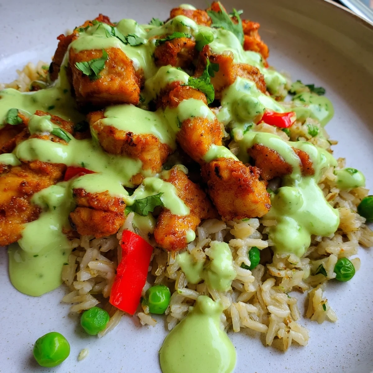 Savory chicken thighs nestled in fluffy cilantro rice drizzled with creamy zesty Aji Verde sauce