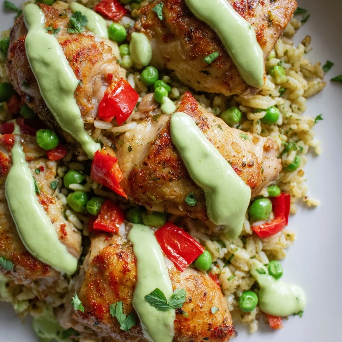 Steaming bowl of Peruvian chicken rice with colorful peas and herbaceous green sauce garnish