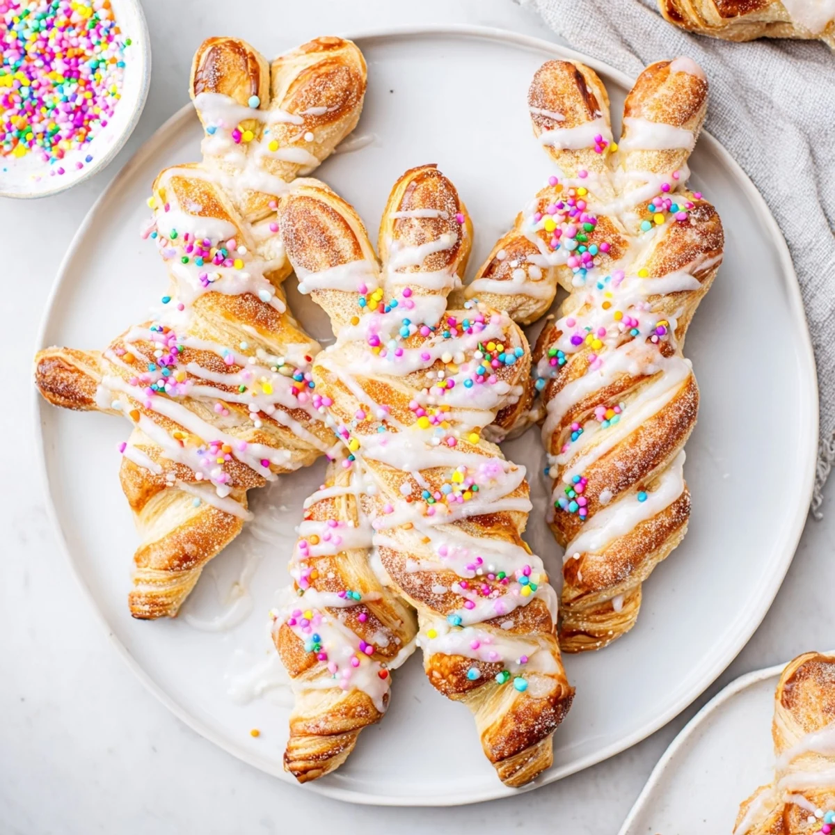 Fluffy cinnamon sugar Easter Bunny Twists arranged in a festive spiral shape for spring brunch