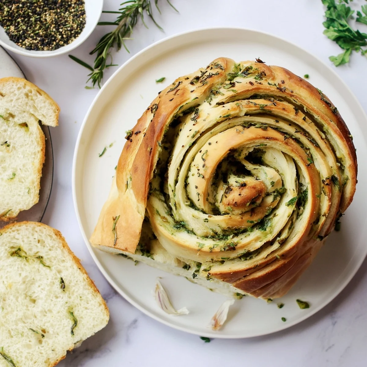 Golden garlic and herb bread loaf fresh from the oven with sliced pieces on wooden board