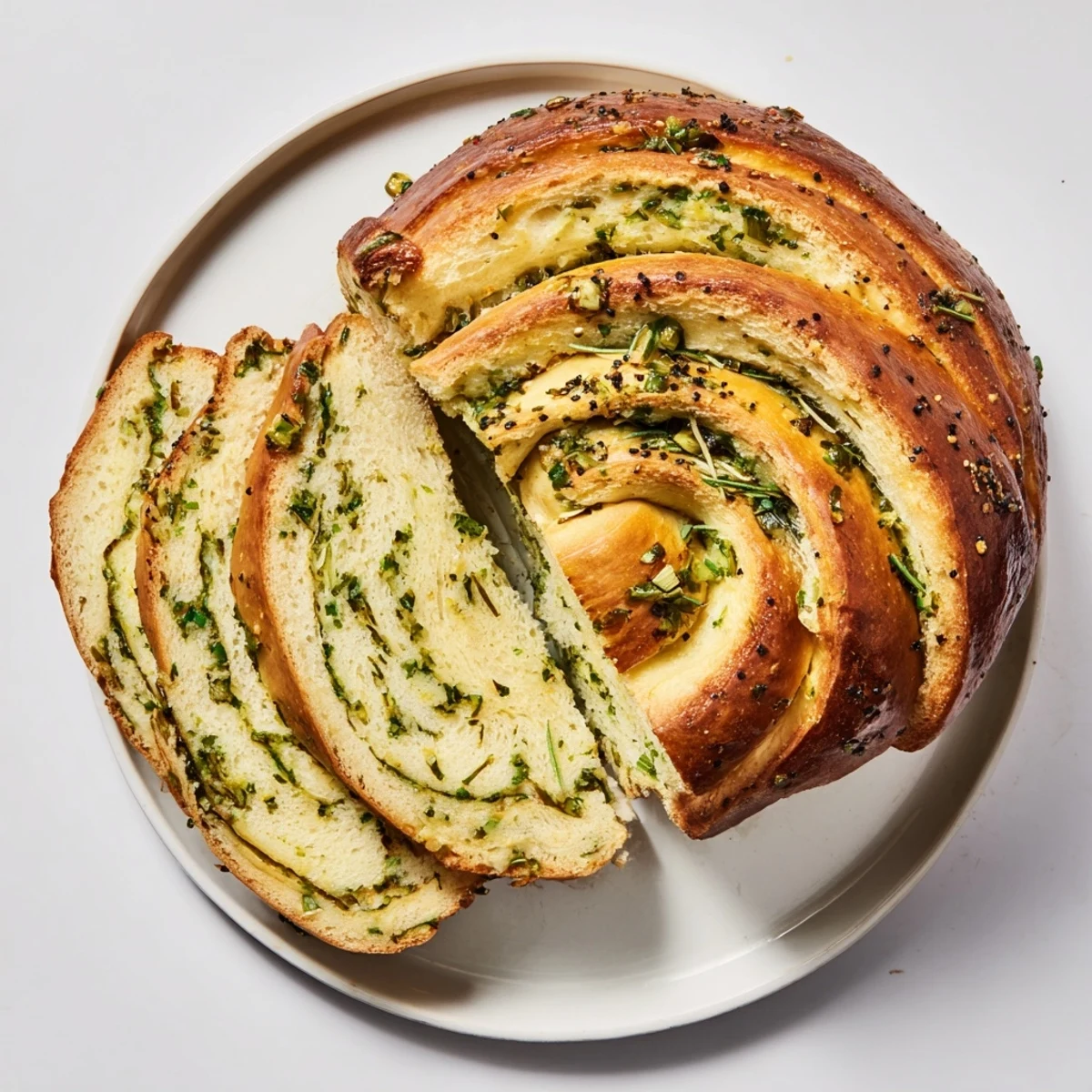 Warm homemade garlic and herb bread recipe showing fluffy interior and golden crusty exterior