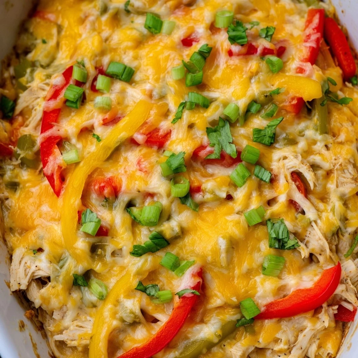 Golden brown cheesy chicken fajita casserole with melted cheese and colorful peppers