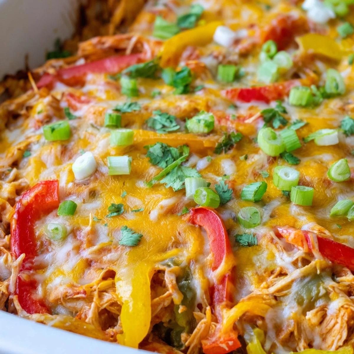 Bubbling Tex-Mex chicken fajita casserole topped with melted Mexican blend cheese