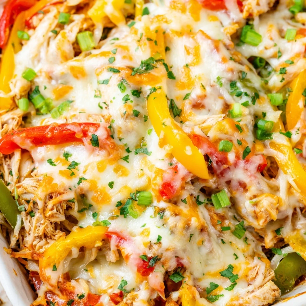 Sliced cheesy chicken fajita casserole revealing tender peppers and shredded chicken inside